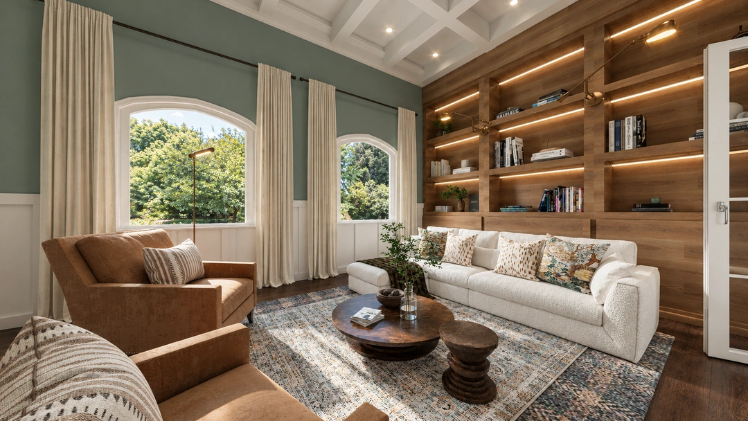 Living room with green walls, timber shelving and upholstered seating — Boston, MA, Studio Dalika residential design