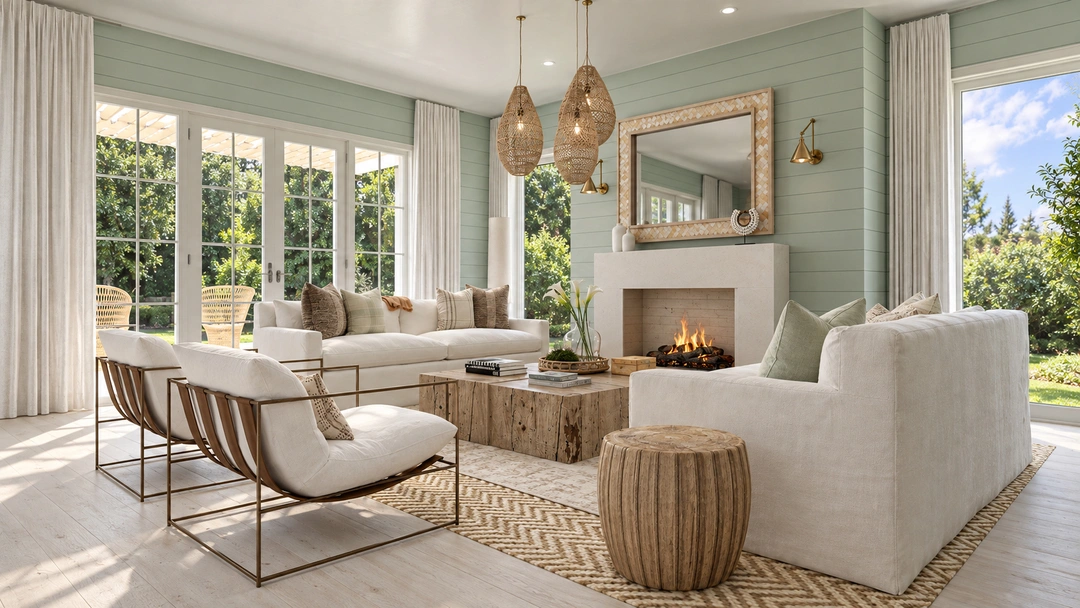 Sunlit living room with curved seating, timber accents and garden views — St. Petersburg, FL, Studio Dalika residential design