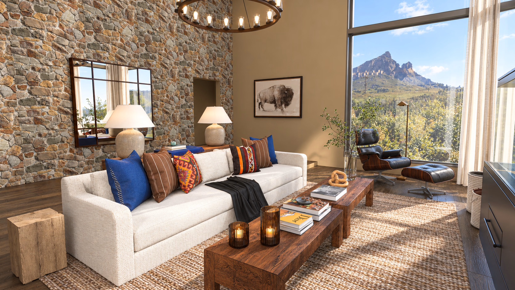 Mountain lodge living room with a stone feature wall, timber tables and mountain views — Winter Park, CO, Studio Dalika hospitality design