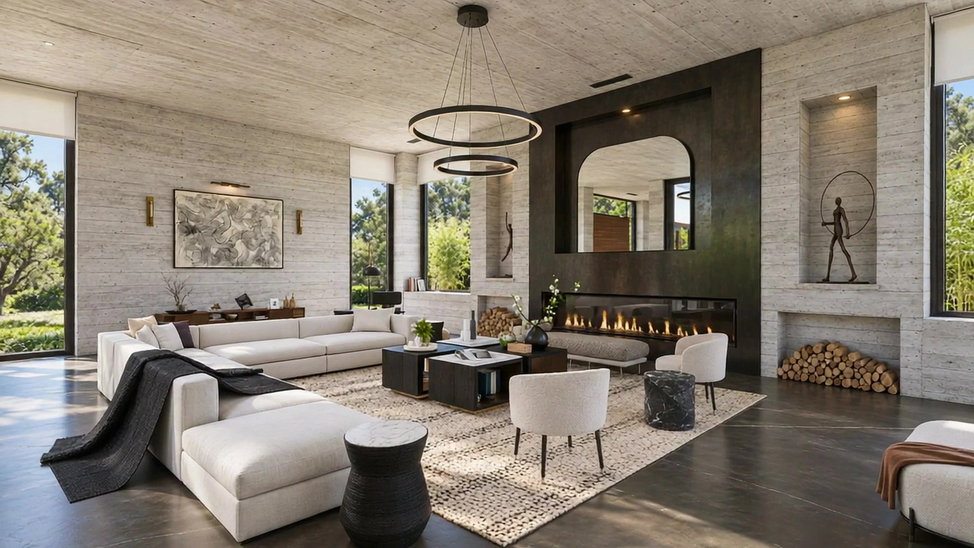 Contemporary living room design with a fireplace and garden views